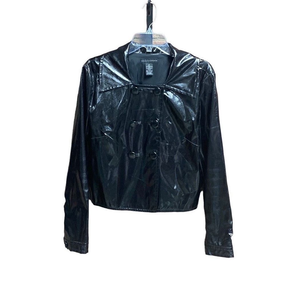 Grace Elements Black Double Breasted Faux Leather Crop Jacket Size 14